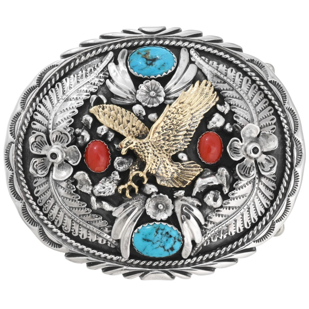 Navajo Turquoise Coral Eagle Belt Buckle Sterling Gold  display picture 3