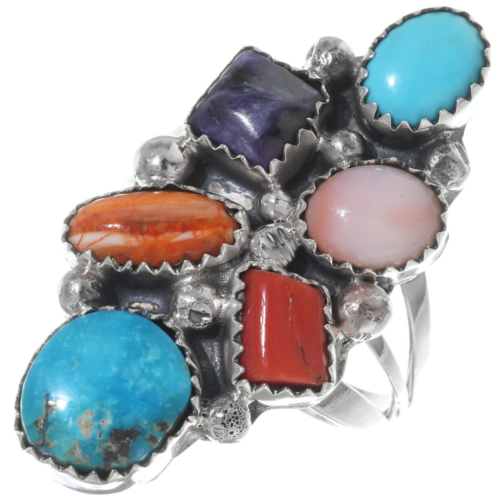 Black Multistone Ring Turquoise and Coral Open Ring Tow Stone Ring OXIDIZED Silver RING