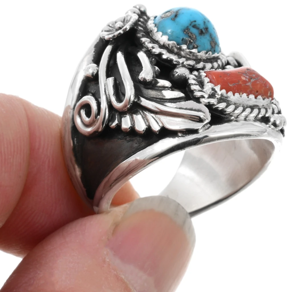 Navajo Turquoise Coral Silver Big Boy Ring Mens Sterling 35873