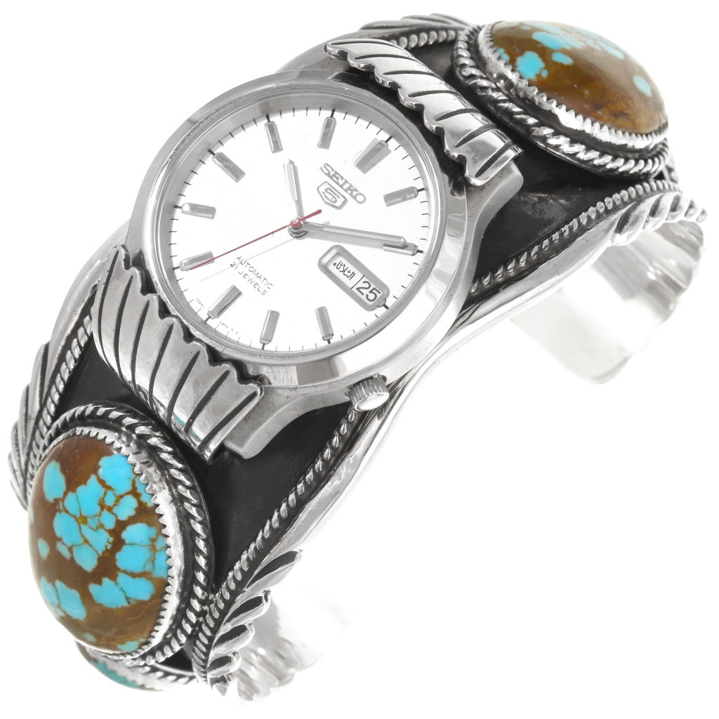 Navajo Turquoise Silver Big Boy Watch Cuff With Seiko Automatic 39386