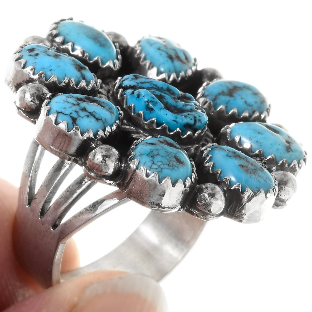 Natural Blue Navajo Kingman Turquoise Silver Cluster Ring Sizes 6 to 10 ...