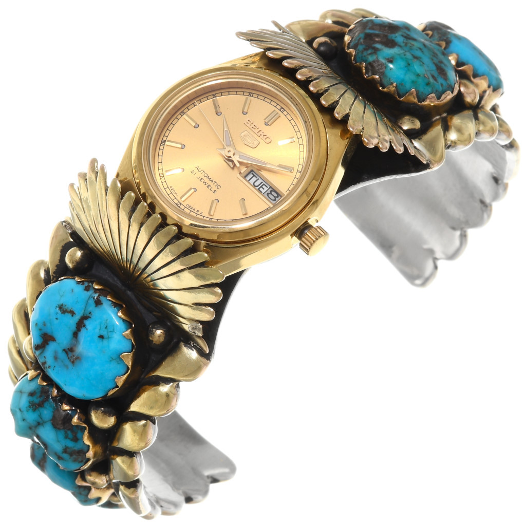Zuni Turquoise 14K Gold Ladies Watch Cuff by Quam 0039