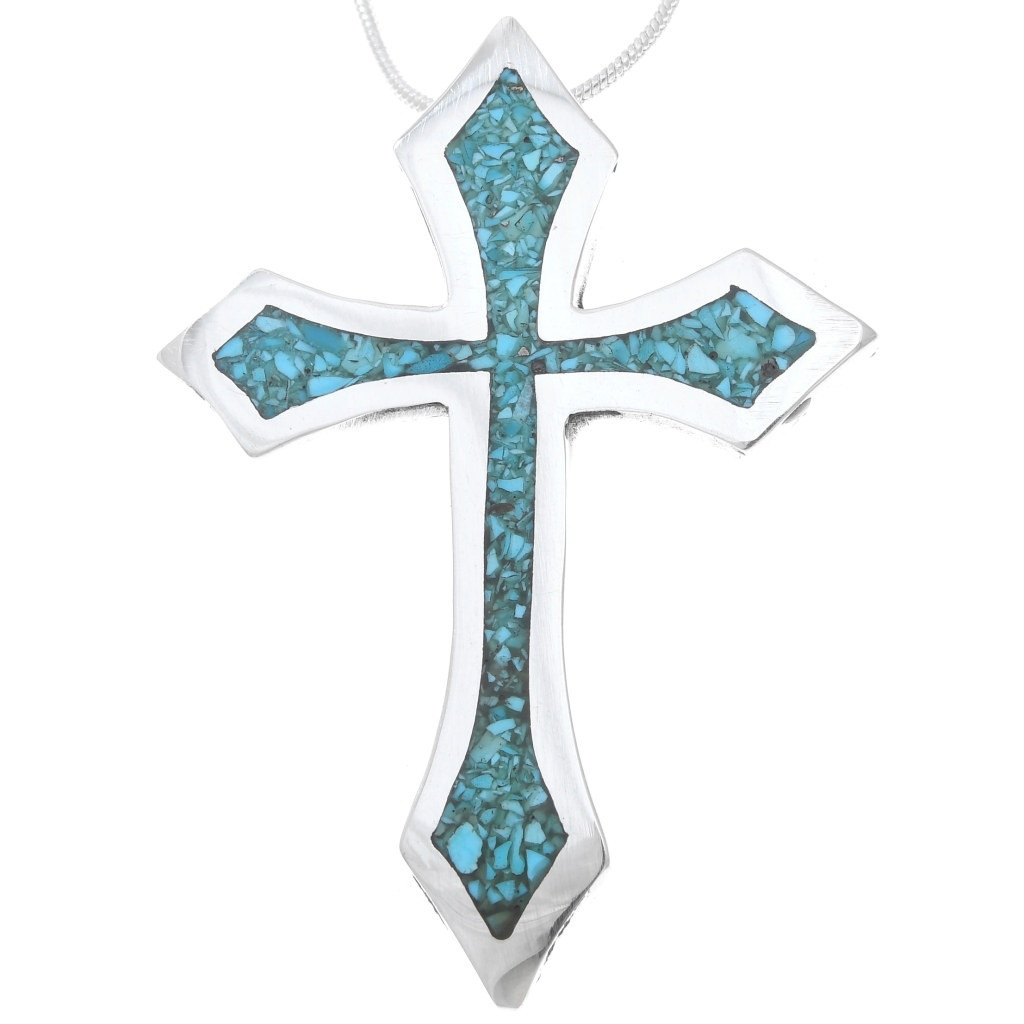 Native American Inlaid Turquoise Cross Pendant With Chain 40331