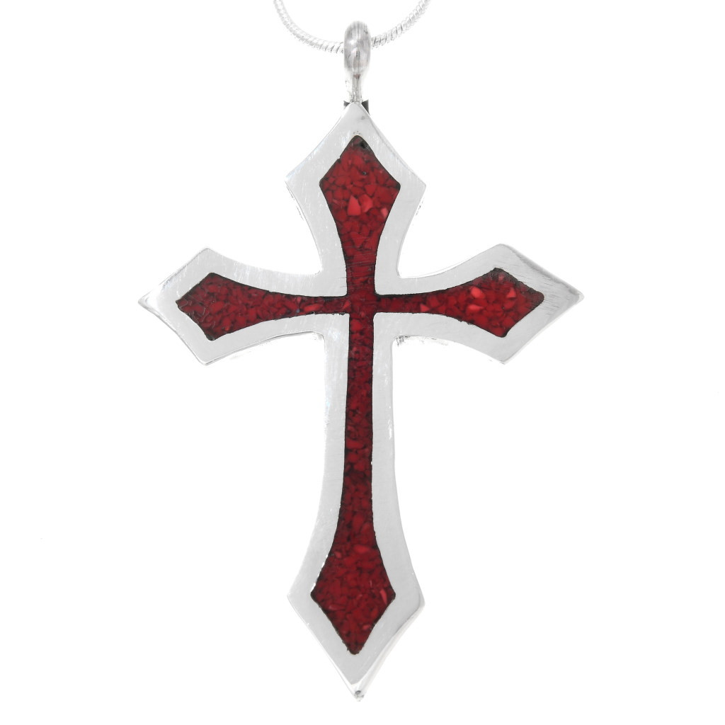 Native American Inlaid Coral Cross Pendant and Chain 40332