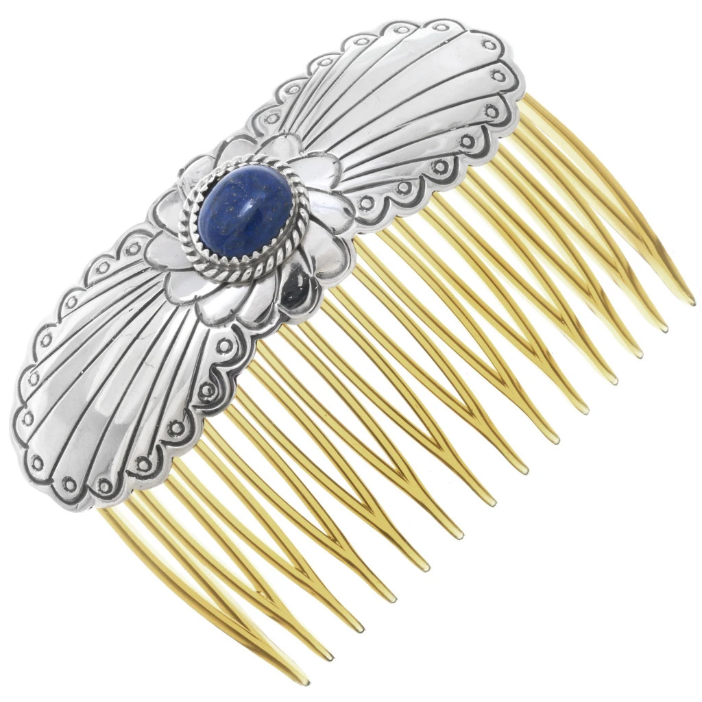 Native American Lapis Hammered Silver Hair Comb Sterling  display picture 1