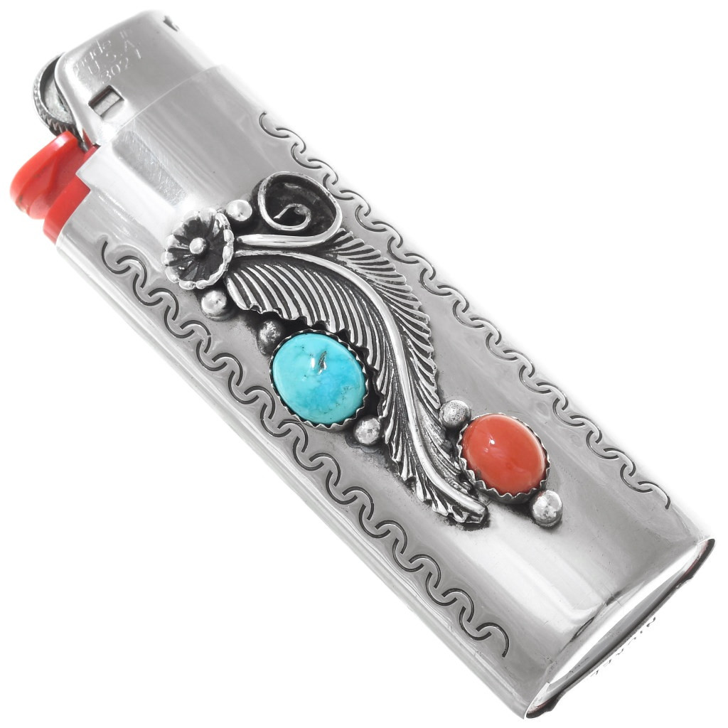 silver cigarette lighter case Native American Turquoise Coral Silver Lighter Case Cover 0100