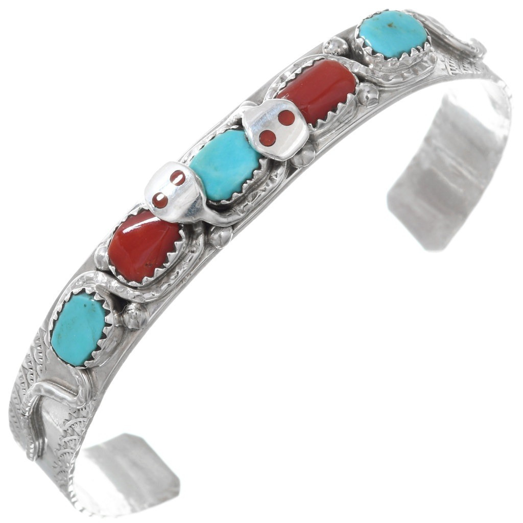 Zuni Turquoise Coral Silver Mens Cuff Snake Bracelet by Calavaza 0416