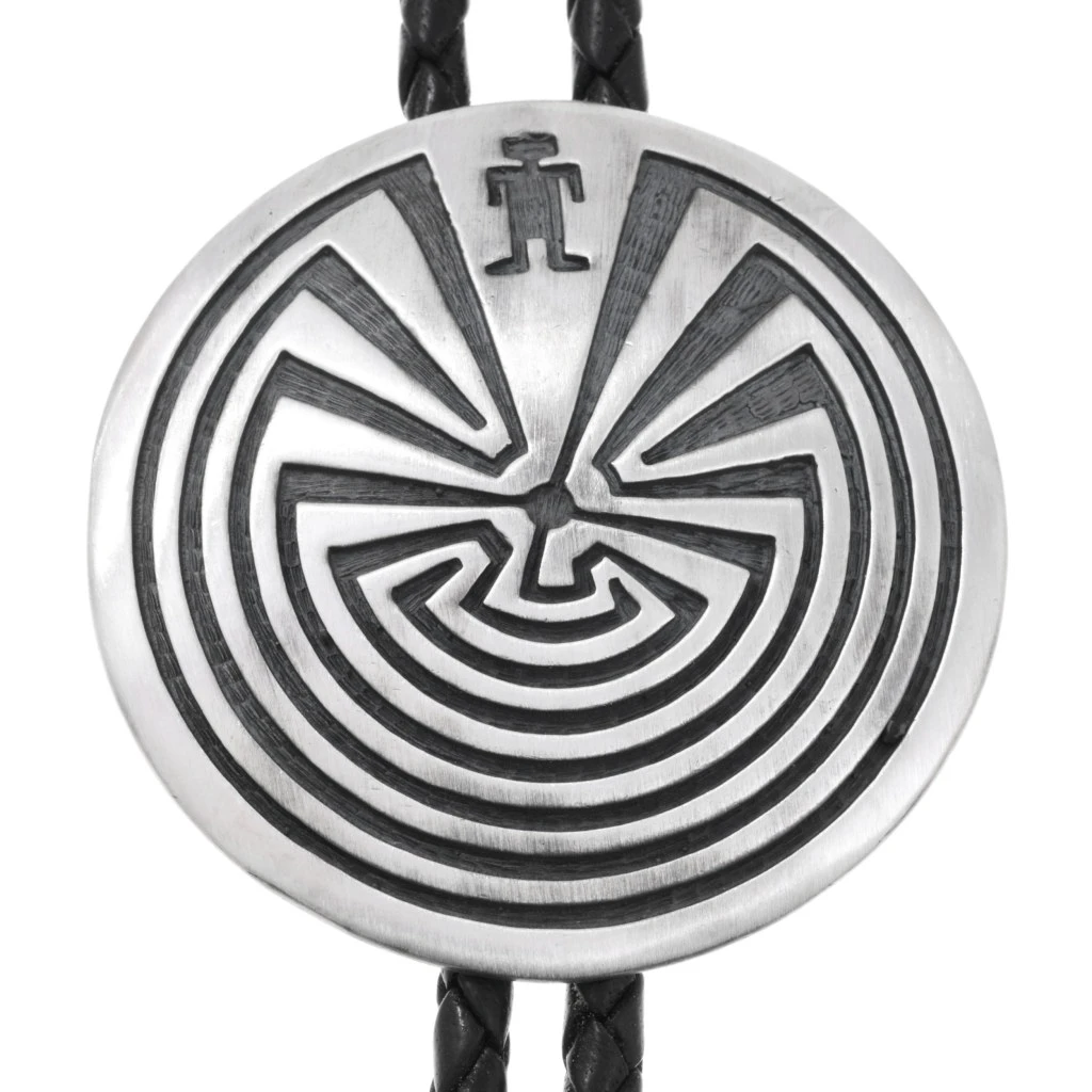 Sterling Man in the Maze Navajo Bolo Tie On Genuine Leather 23391