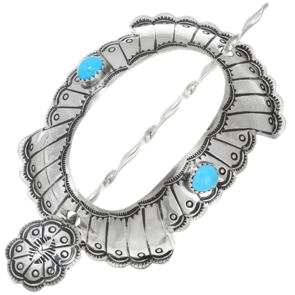 Vintage NATIVE AMERICAN NAVAJO STERLING SILVER Barette Turquoise Sparkle Gorgeous Southwest Sterling Gift! Navajo Turquoise Silver  main image 2