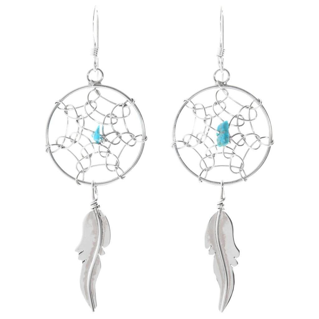 Navajo Sterling Silver Turquoise Dreamcatcher Dangle Feather Earrings by Yazzie 
