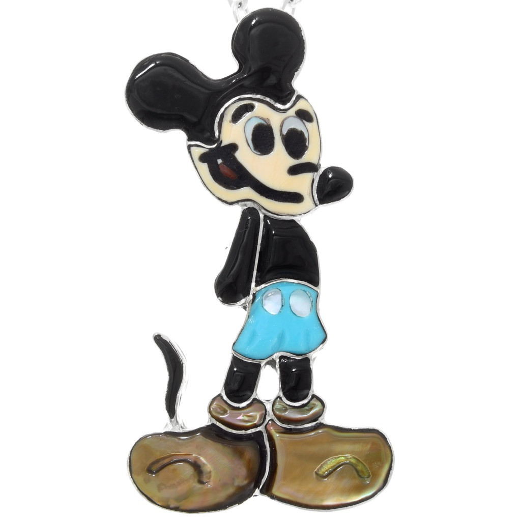 Inlaid Zuni Mickey Mouse Sterling Pendant Pin with Chain 0118