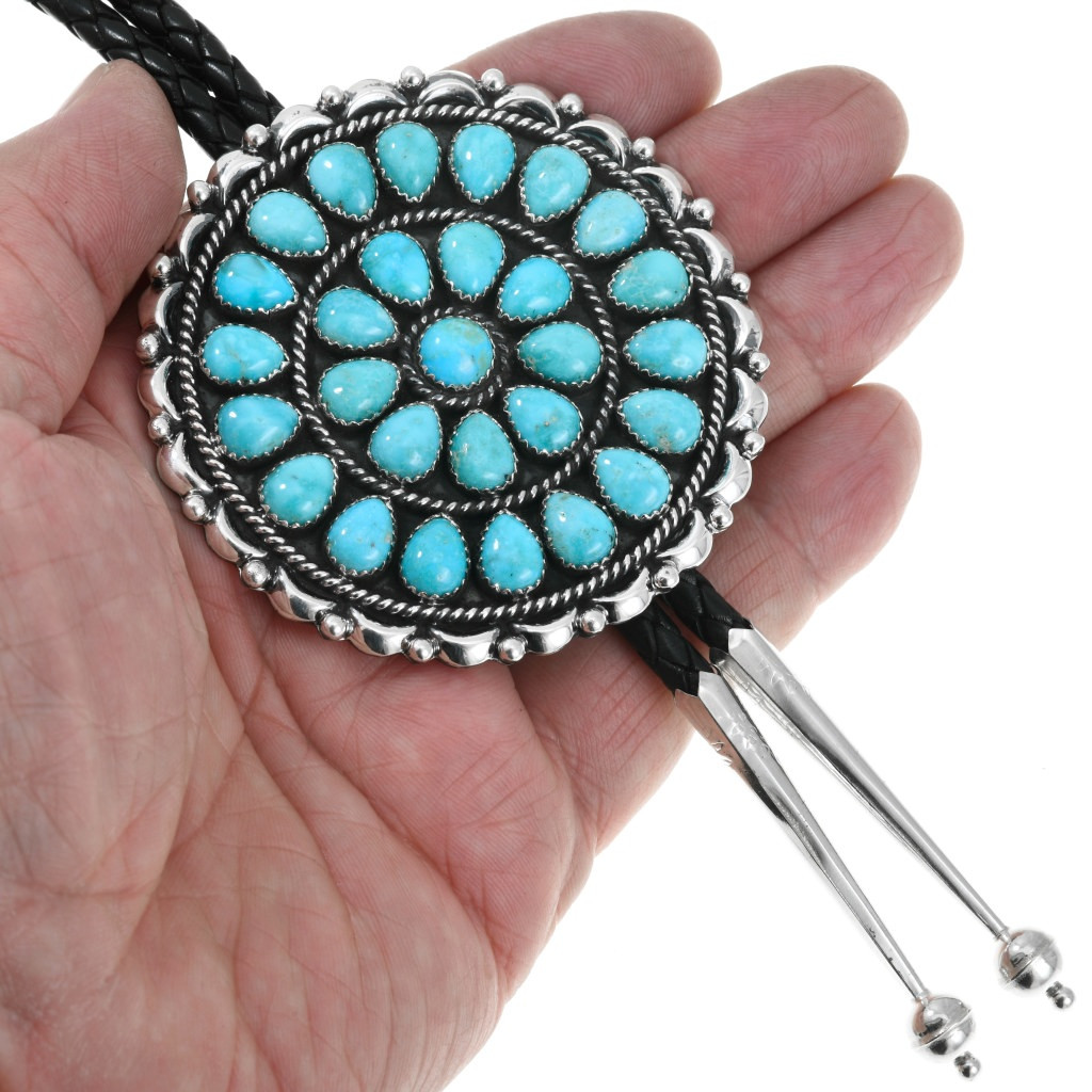 Large Round Native American Turquoise Cluster Silver Bolo Tie 41831