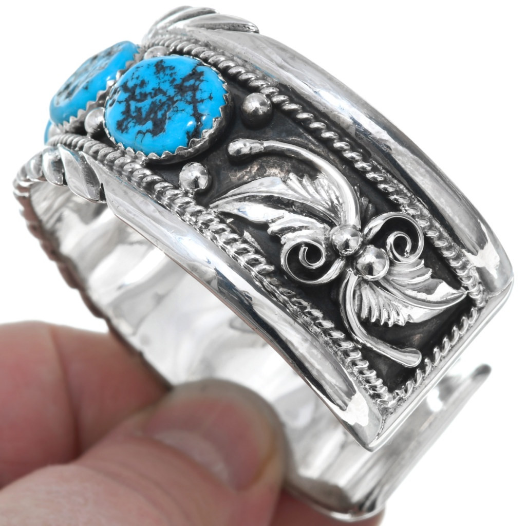 Native American Turquoise Silver Cuff Mens Sterling Bracelet 22441