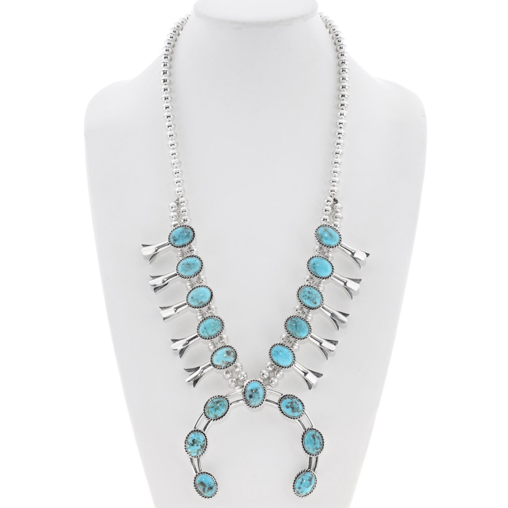 Turquoise Sterling Silver Navajo Squash Blossom Necklace 0159