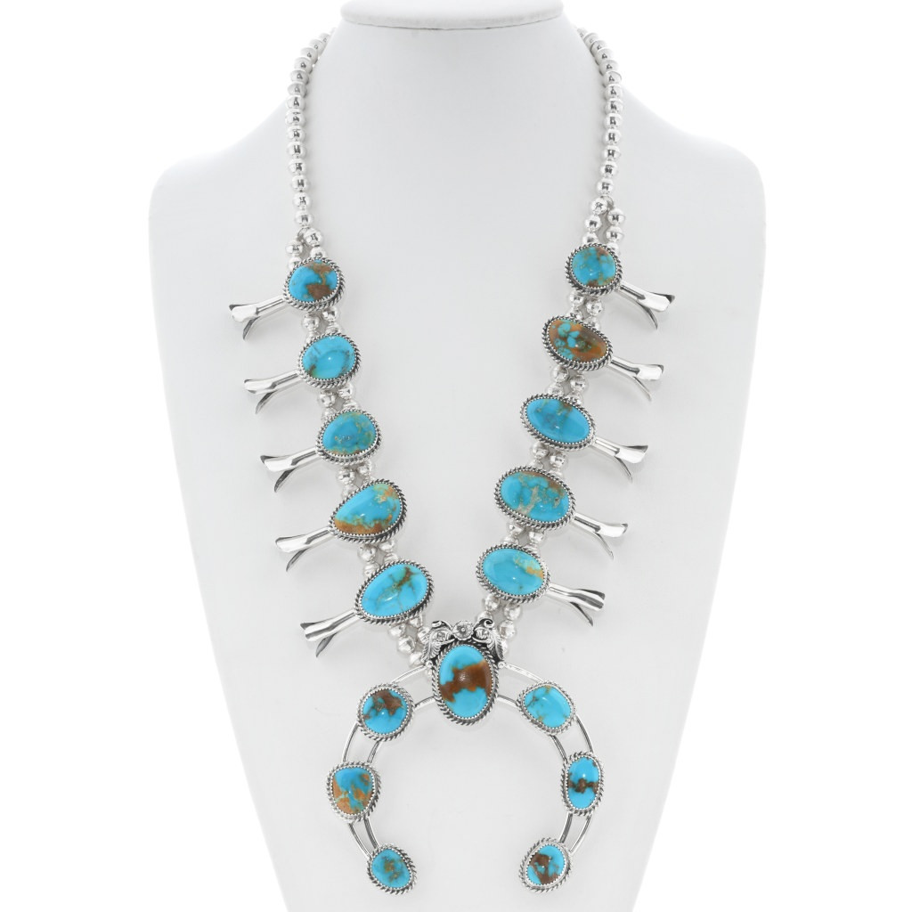 Bisbee Turquoise Sterling Silver Squash Blossom Necklace 0175