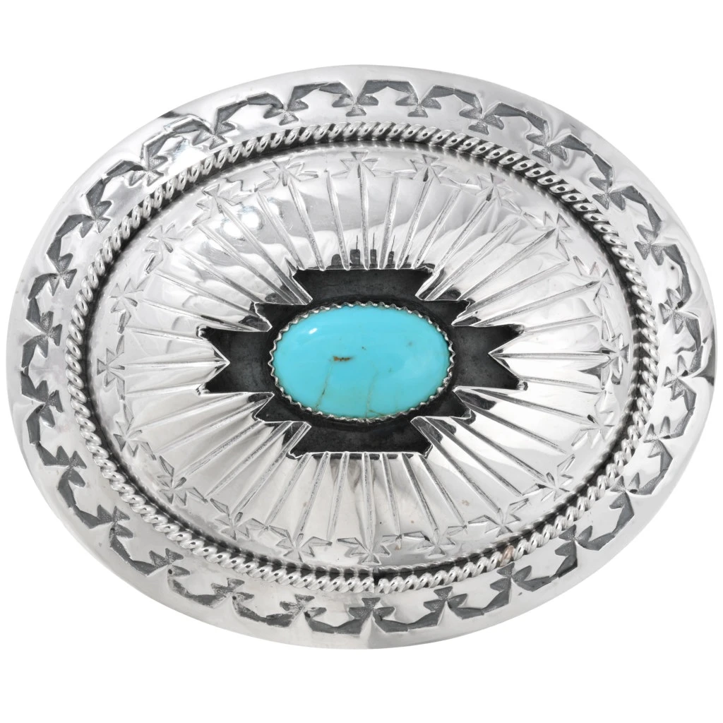 Navajo Designed Sterling Silver Turquoise Belt Buckle  display picture 1