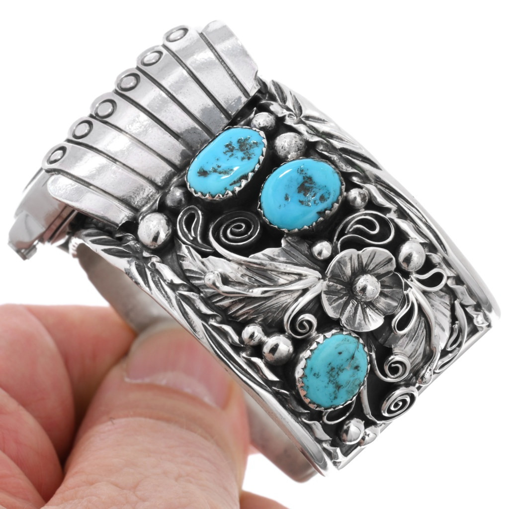 Turquoise Mens Watch Cuff Bracelet Navajo Crafted Sterling 43250