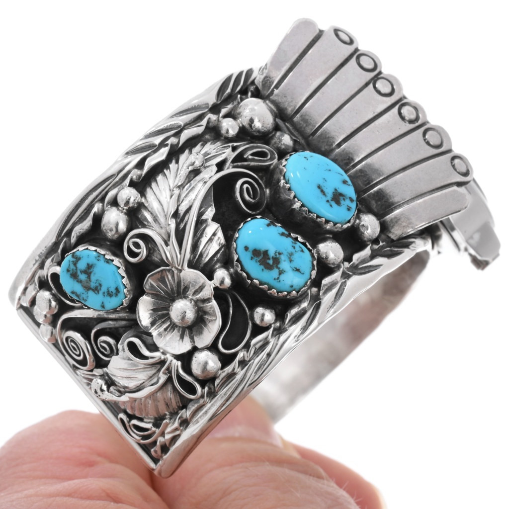 Turquoise Mens Watch Cuff Bracelet Navajo Crafted Sterling 43250