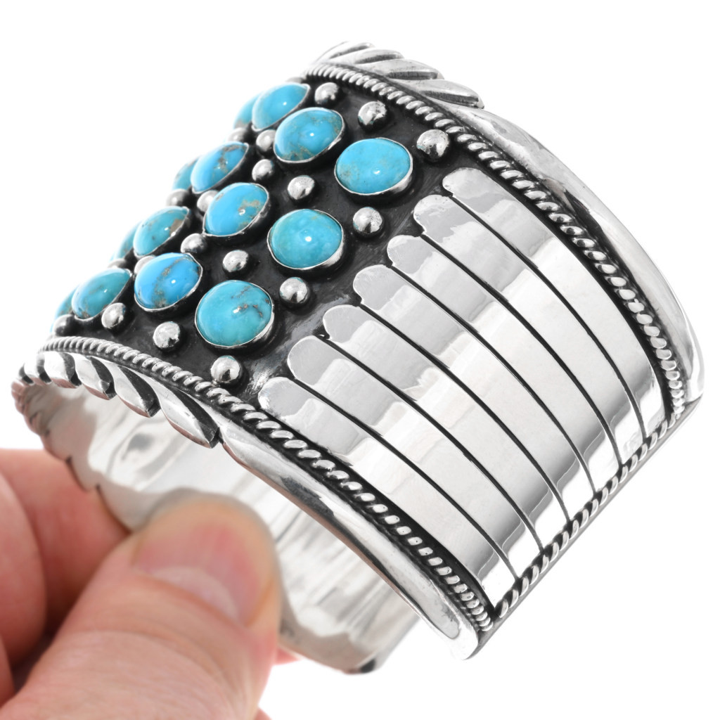 Navajo Kingman Turquoise Cluster Wide Sterling Cuff Bracelet 43254