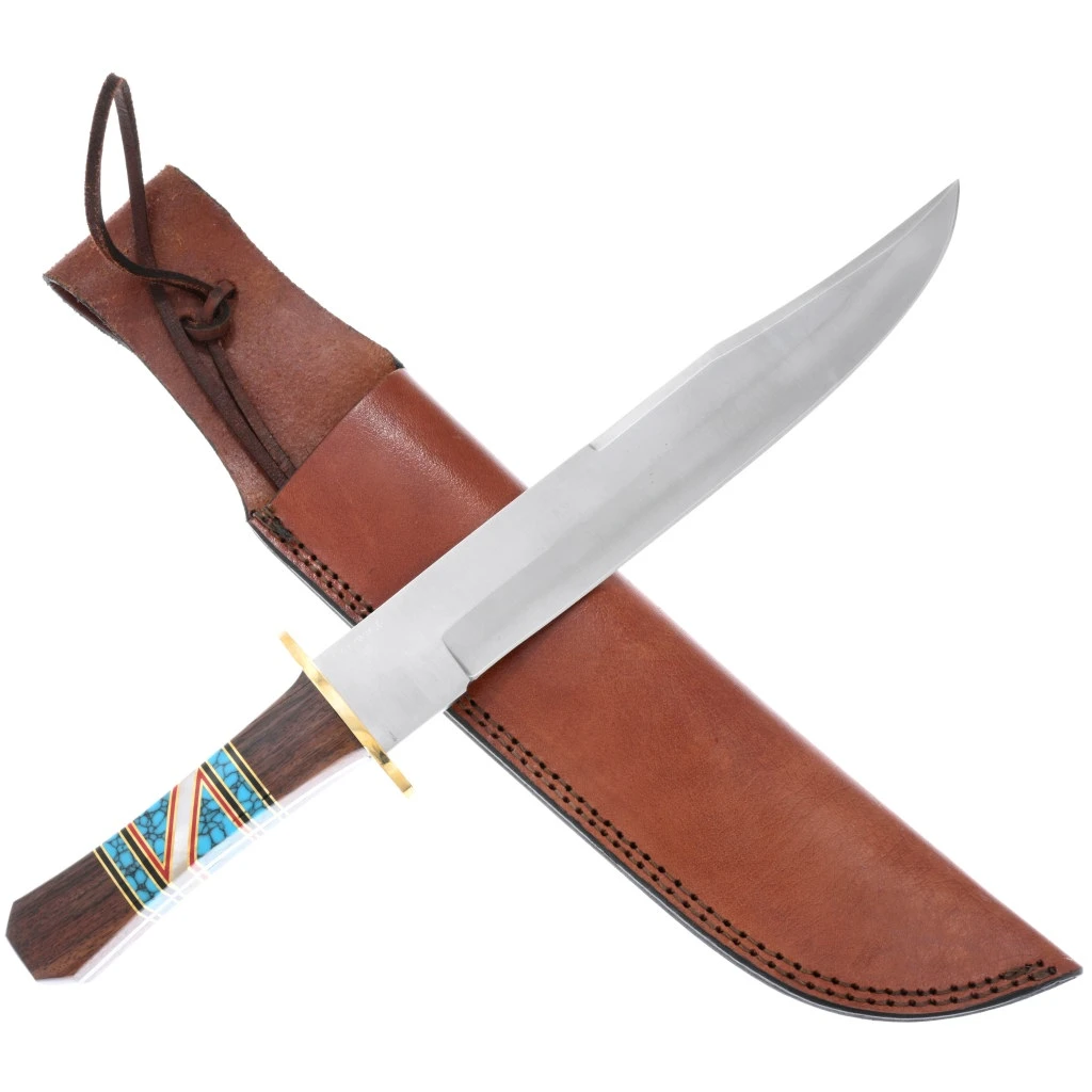 Doris Yazzie Large Navajo Inlaid Turquoise Bowie Knife With Case 43271
