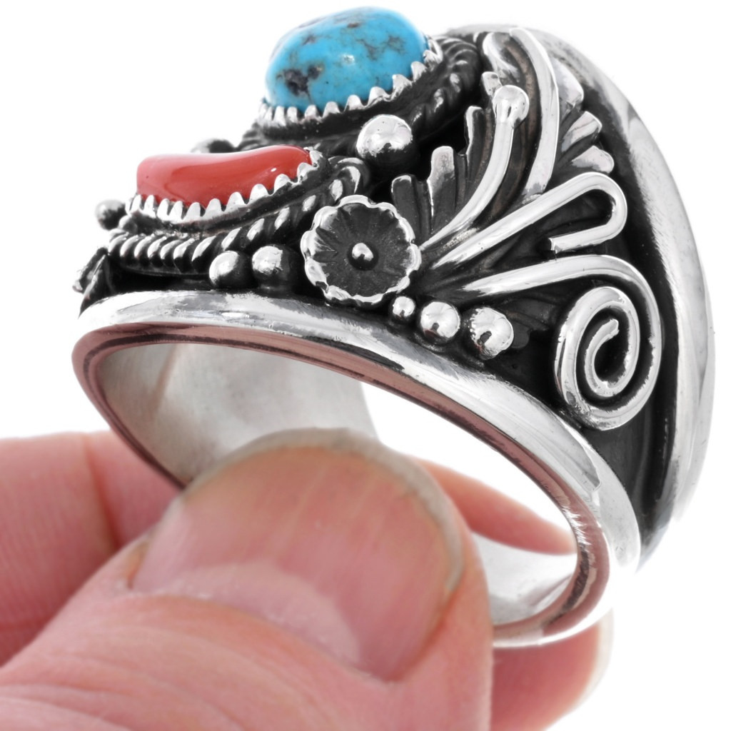 Navajo Turquoise Coral Sterling Silver Mens Ring 43492