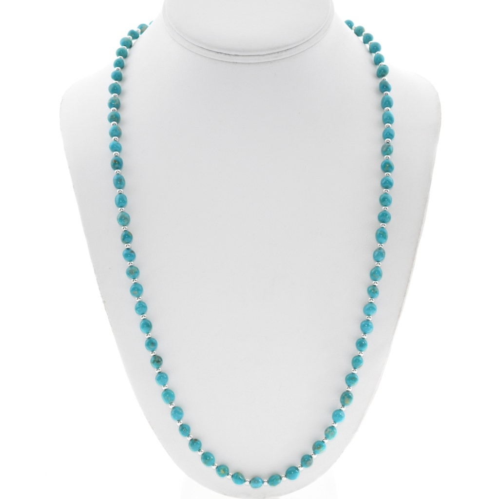Natural 6mm Turquoise Sterling Silver Beaded Necklace 27 43501