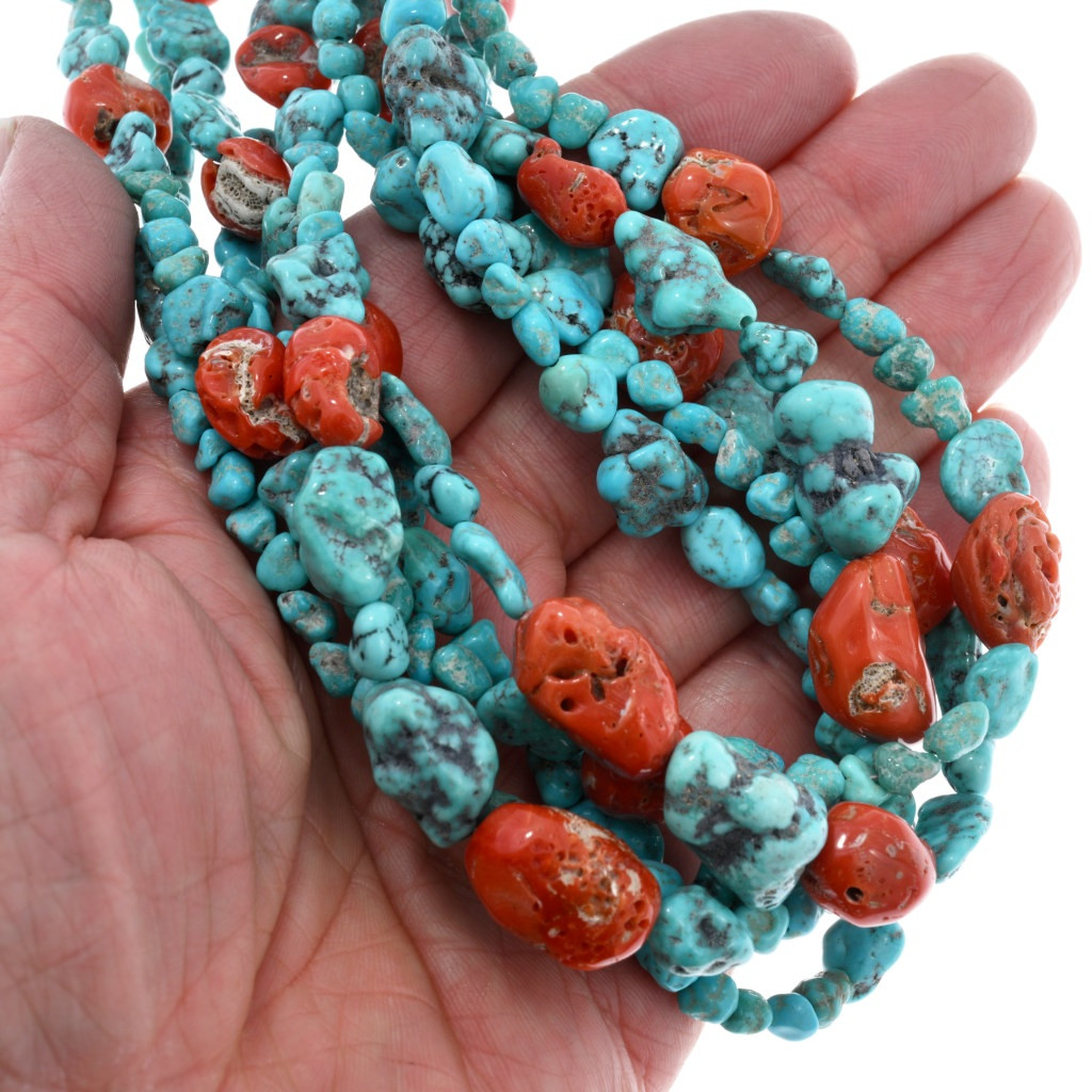 Natural Turquoise Nugget Coral Necklace Five Strands 43605