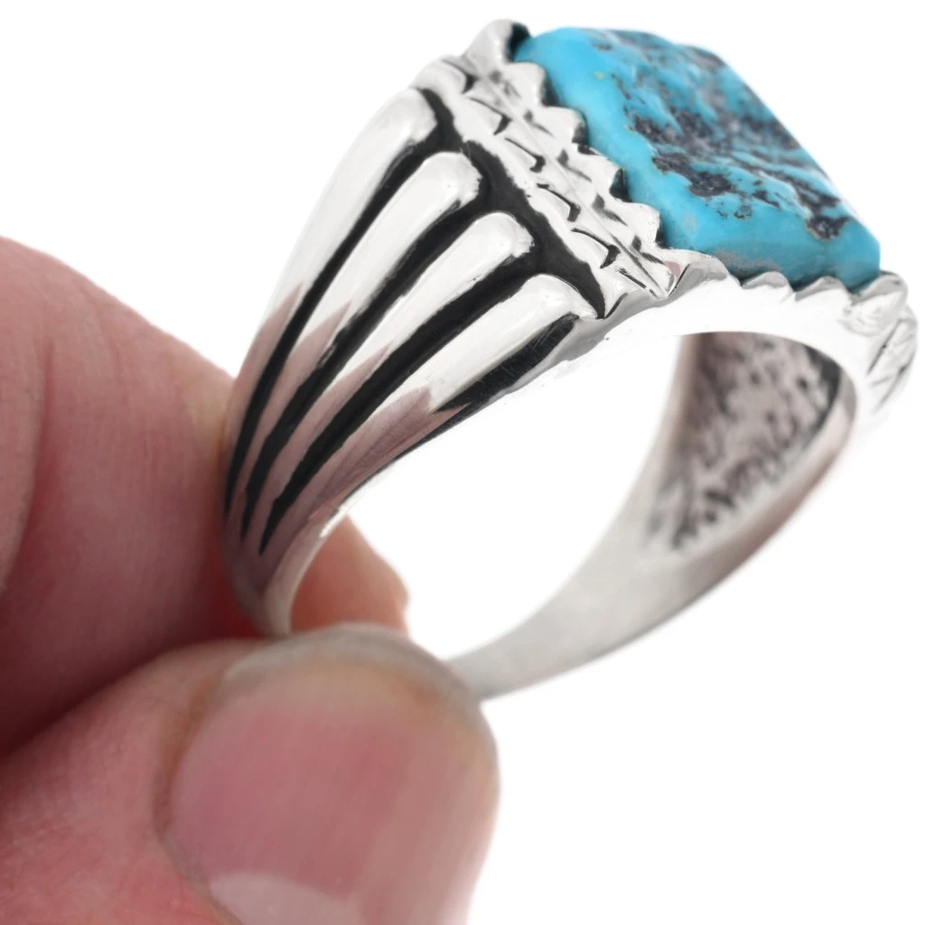 Sterling Silver Mens Kingman Turquoise Navajo Ring Ridged Band 43679