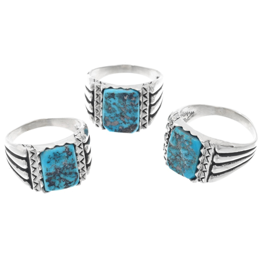 Sterling Silver Mens Kingman Turquoise Navajo Ring Ridged Band 43679