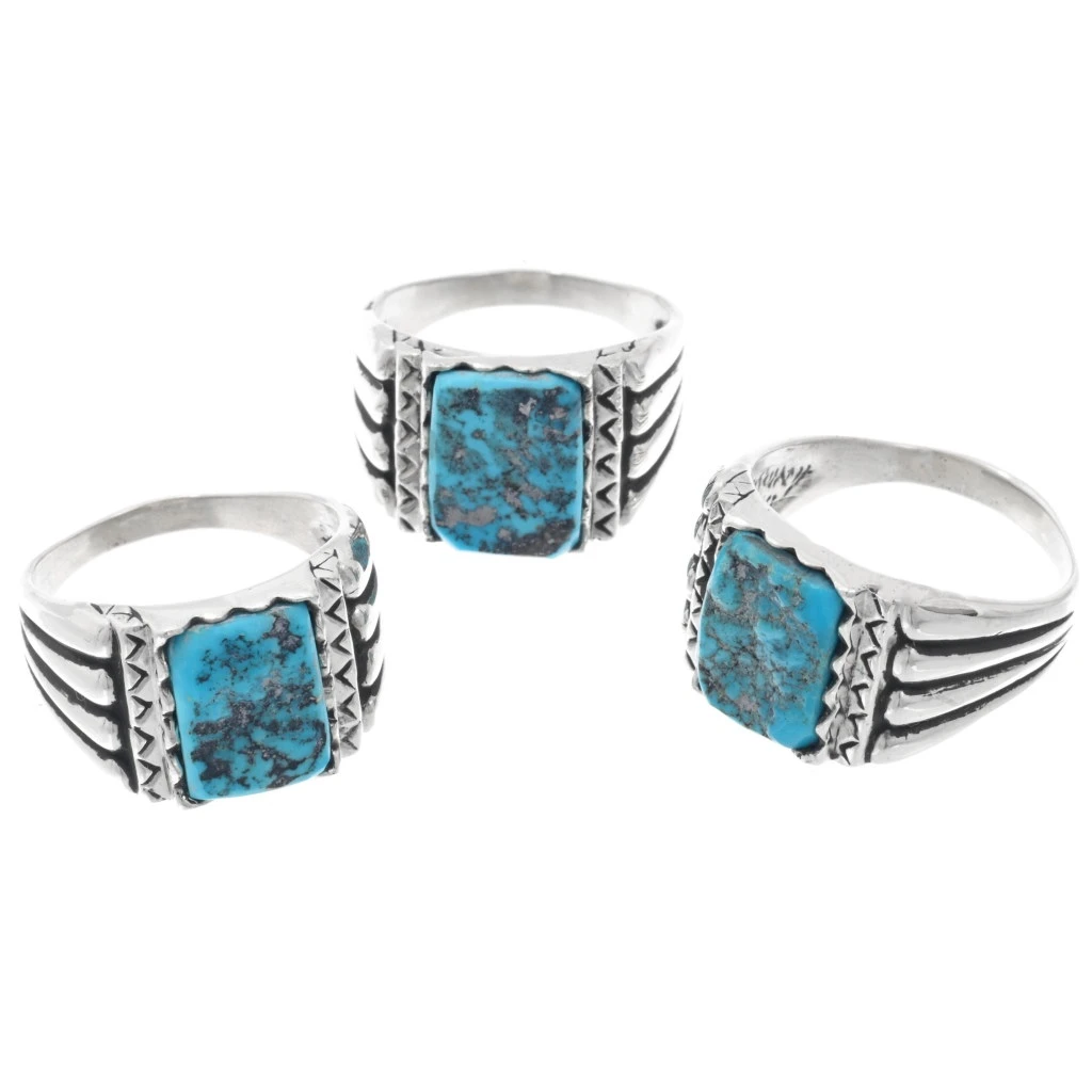 Sterling Silver Mens Kingman Turquoise Navajo Ring Ridged Band 43679