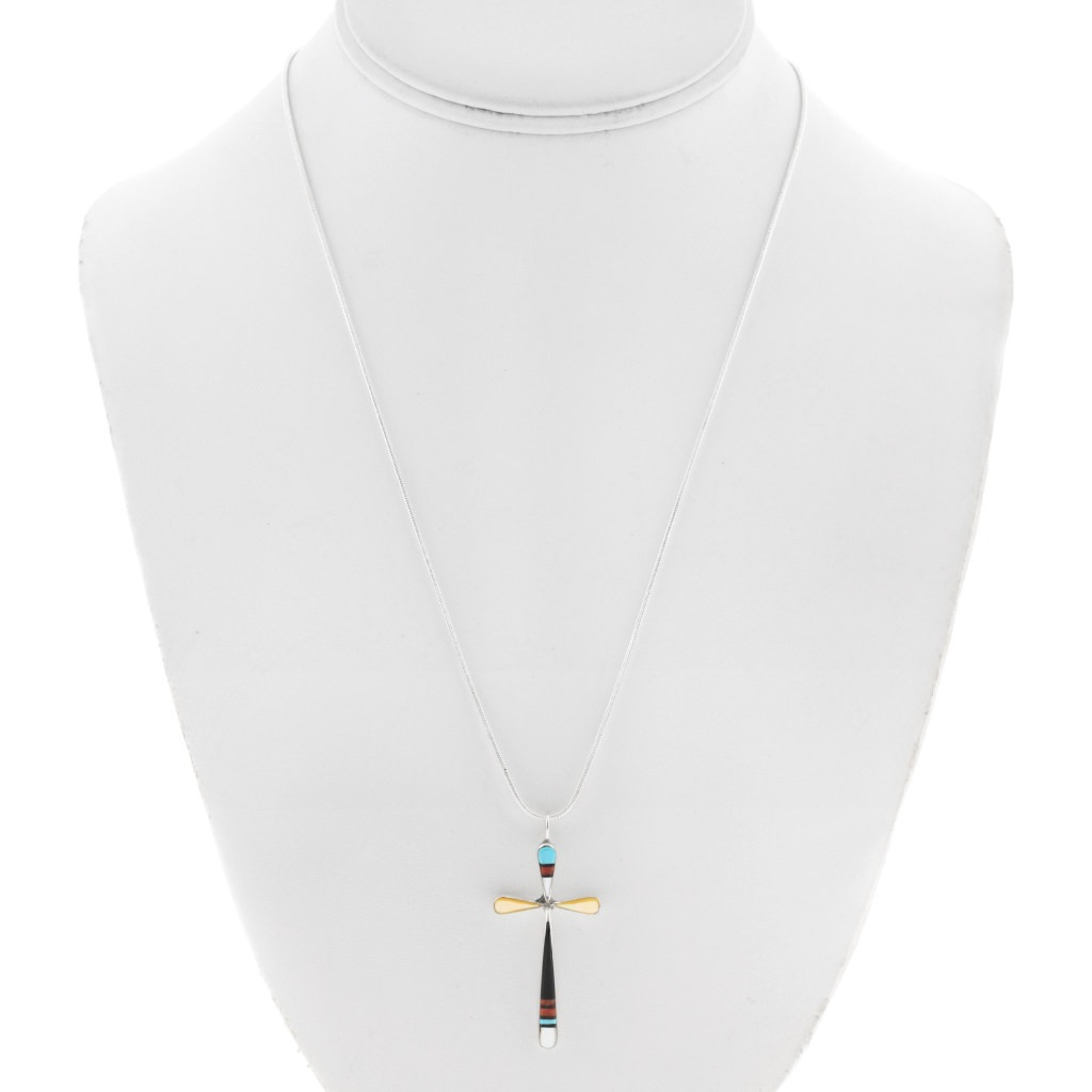 Zuni Inlay Cross Pendant Multistone Mosaic with Chain 43722