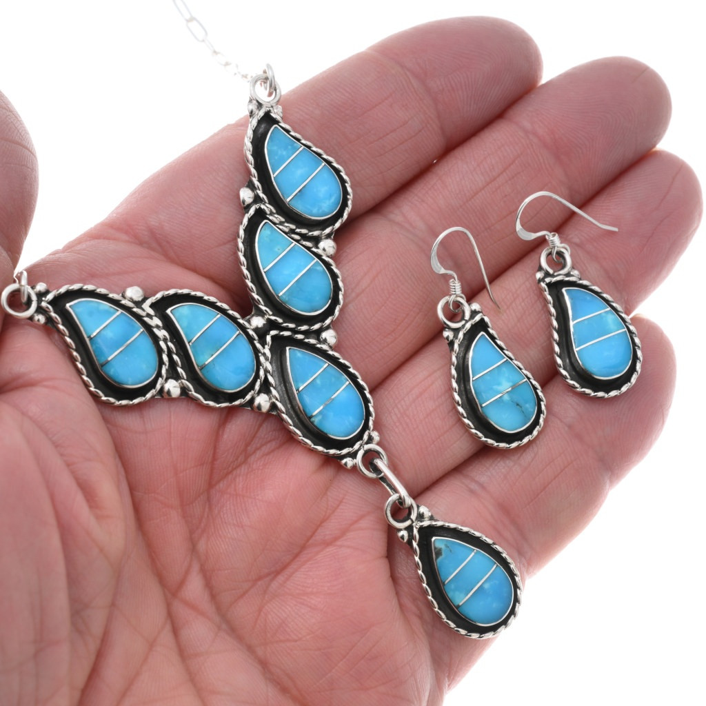 Turquoise Sterling Silver Inlay Necklace Set With Earrings 43783