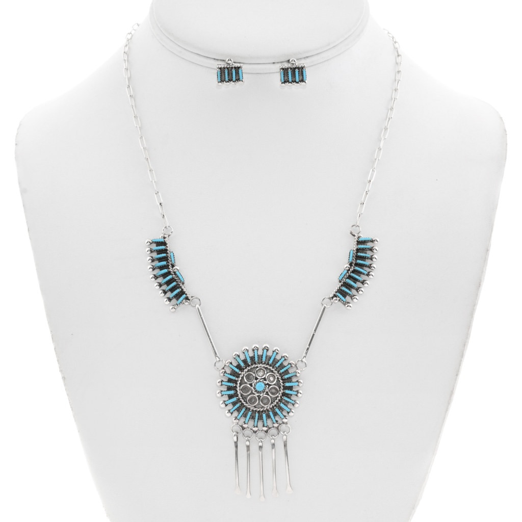 Zuni Needlepoint Turquoise Silver Necklace Earring Set by