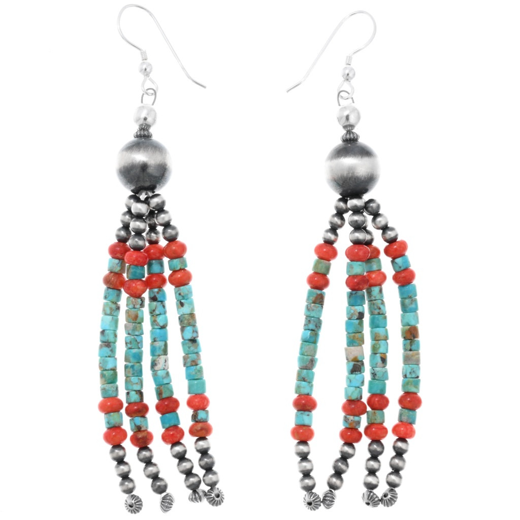 Navajo Desert Pearl Silver Turquoise Coral Beaded Dangle Fringe