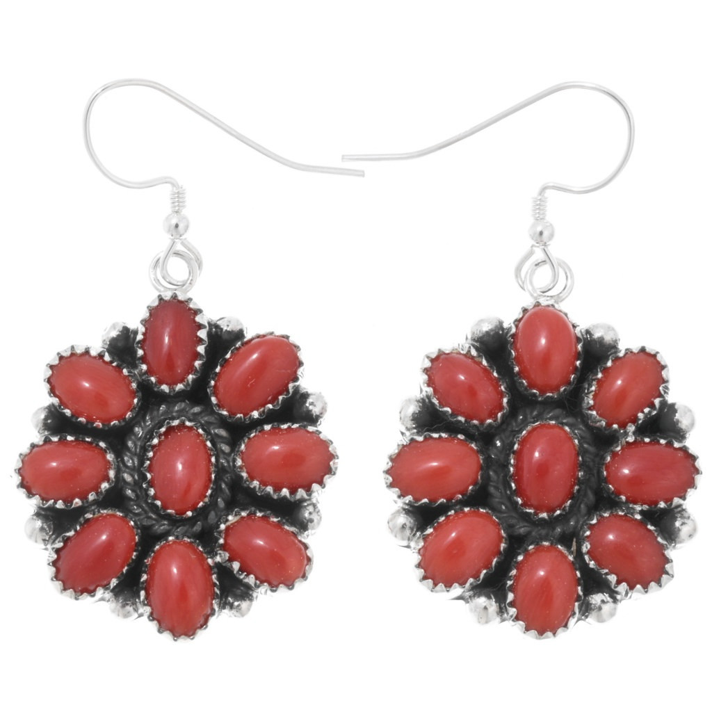 Cluster Red Coral Traditional Navajo French Hook Earrings Design 44142