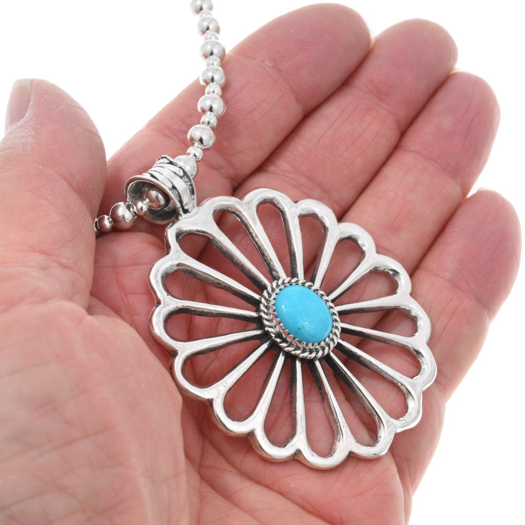 Turquoise Navajo Sterling Silver Sandcast Style Pendant 44180