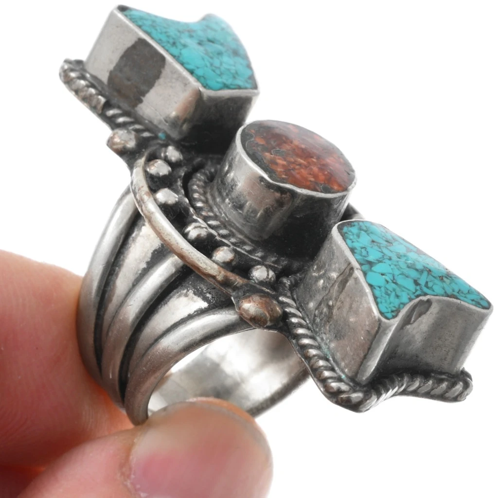 Vintage Large Native American Sterling Turquoise Coral Chip Inlay Ring ...