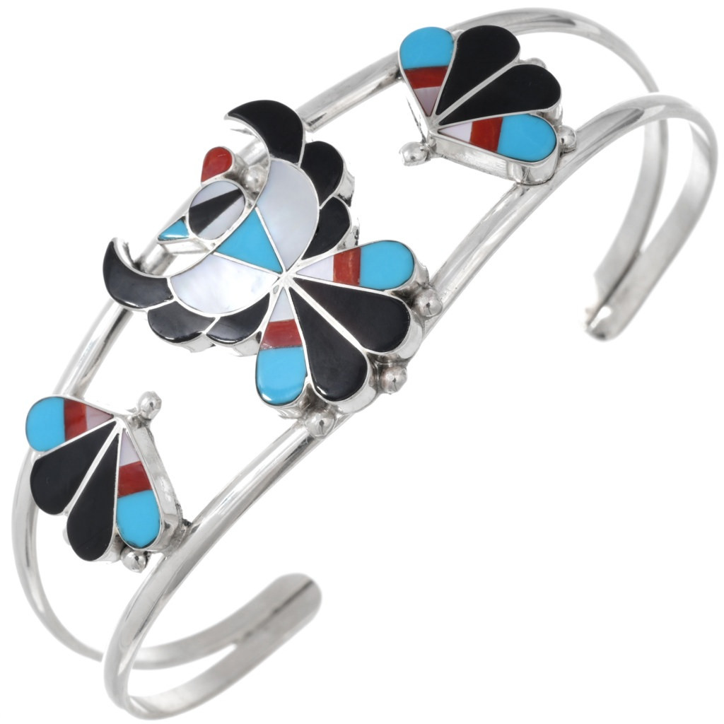 Zuni Inlaid Silver Thunderbird Ladies Cuff Bracelet by B Wallace 0391