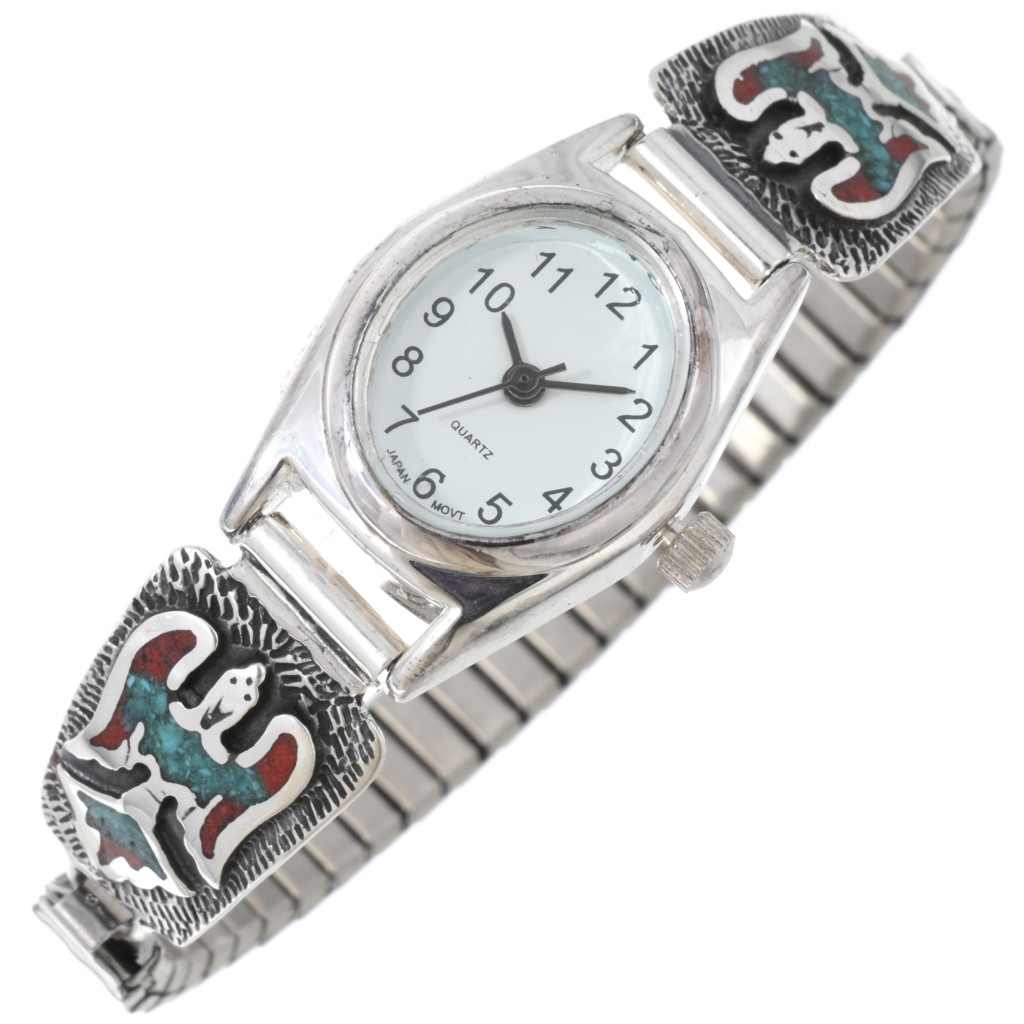 Navajo Turquoise Coral Silver Thunderbird Chip Inlay Ladies Watch