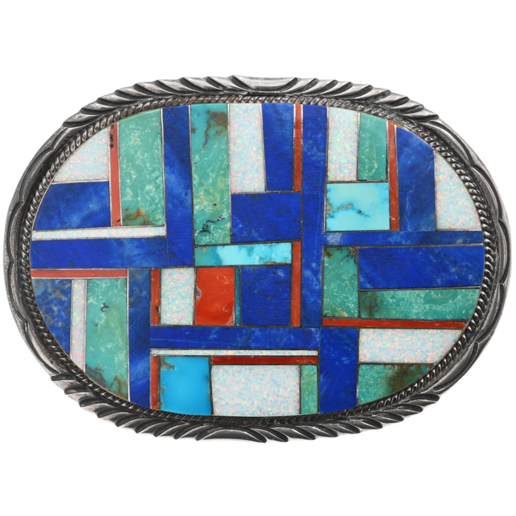 Large Vintage Turquoise Opal Lapis Belt Buckle by Navajo Ray Begay 46368