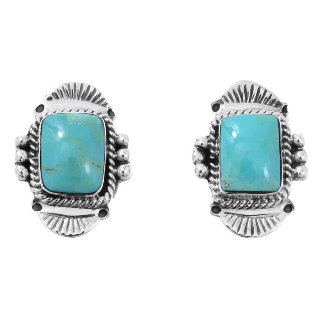 Navajo Hand Stamped Sterling Turquoise Earrings by Arlene Lewis 46475