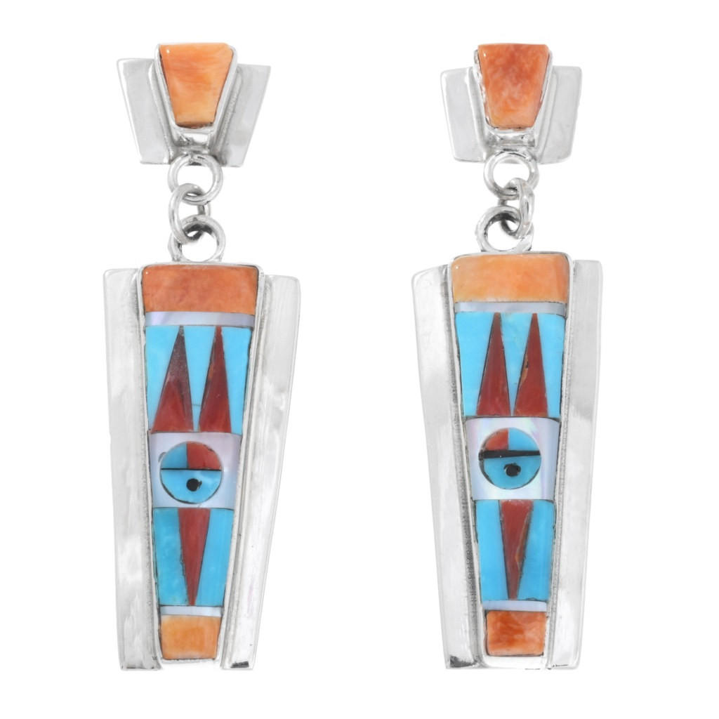 Inlaid Zuni Sunface Spiny Oyster Post Dangle Earrings by Rayland