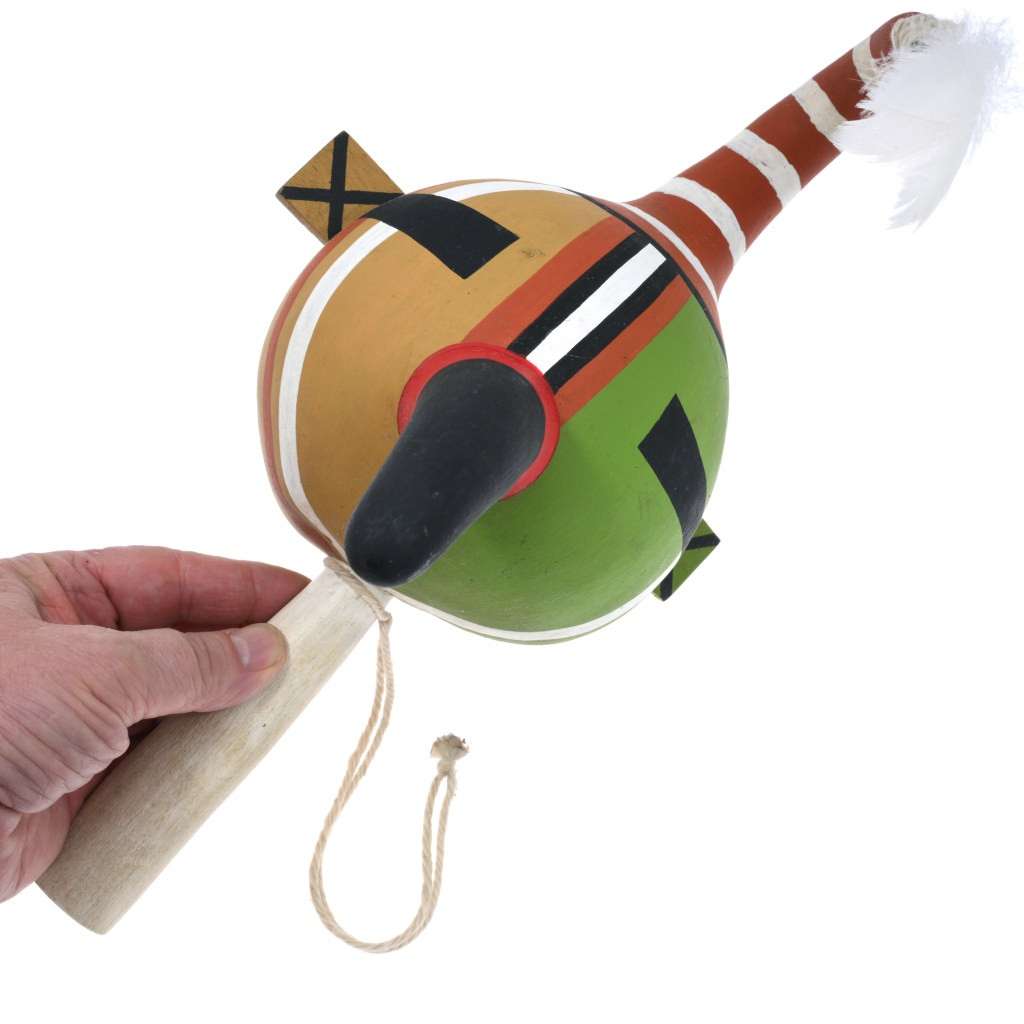 Vintage Hopi Bird Melon Hand Painted Gourd Dance Rattle 46615