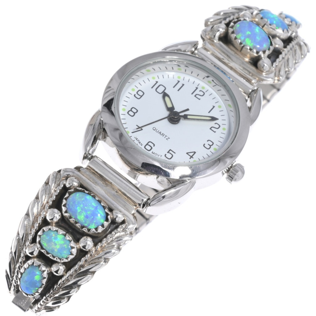 Gorgeous Navajo Ladies Blue Opal Silver Watch Sterling Tips 46944