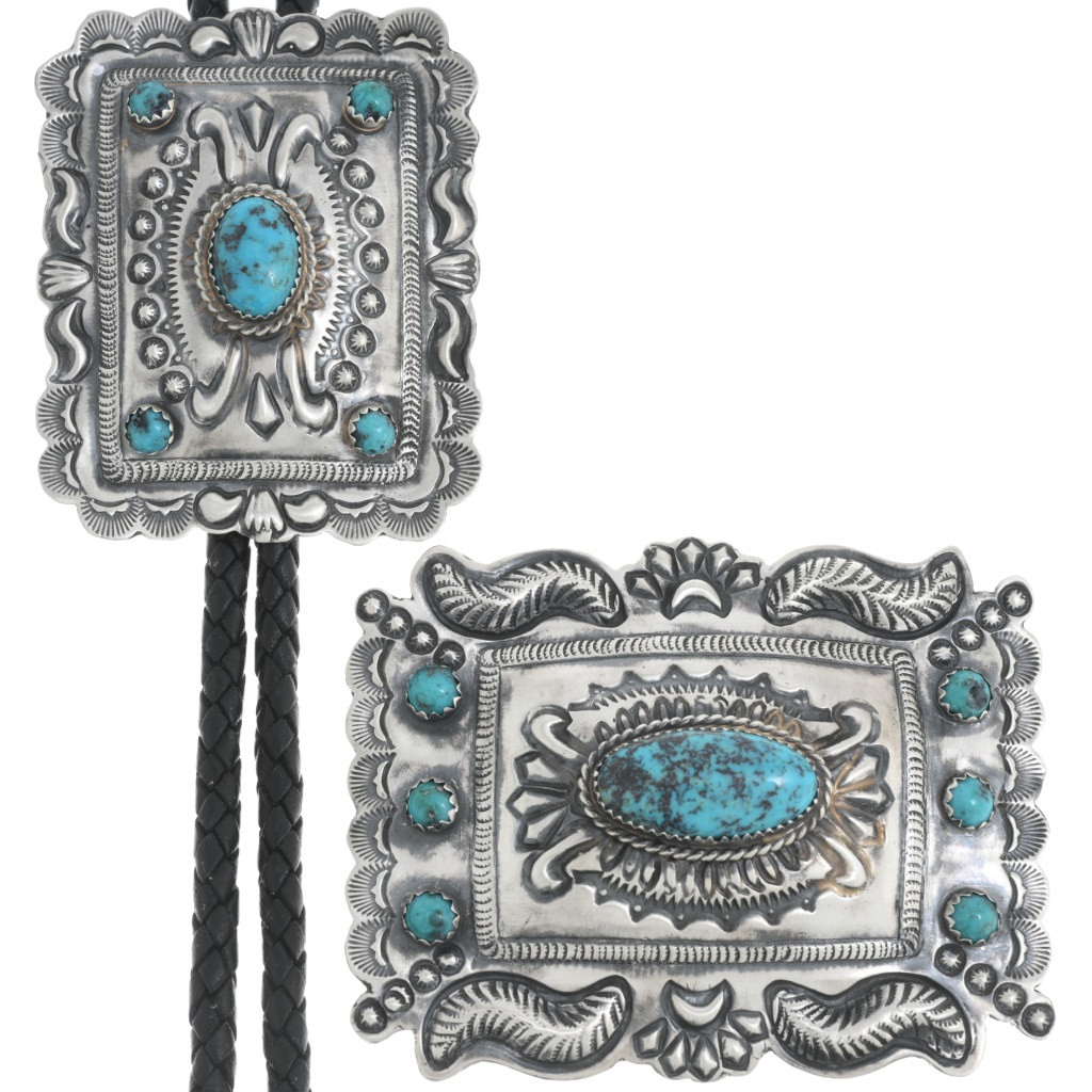 Repoussé Ithaca Peak Turquoise Sterling Navajo Concho Bolo Tie Set
