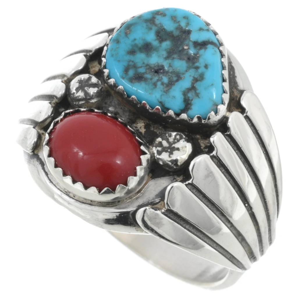 Navajo Turquoise Coral Silver Big Boy Ring Sterling Mens Sizes 46962