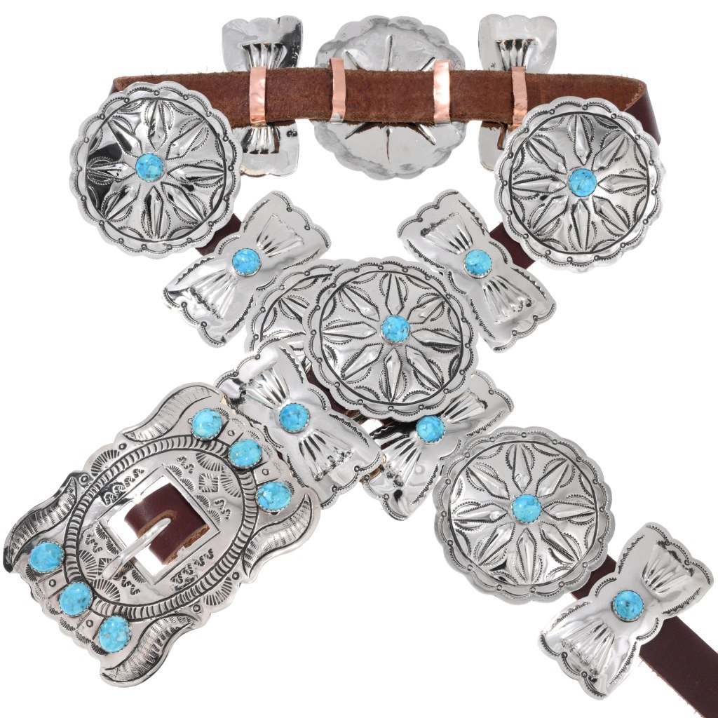 Silver Turquoise Repoussé Concho Belt Navajo Full Size 47079