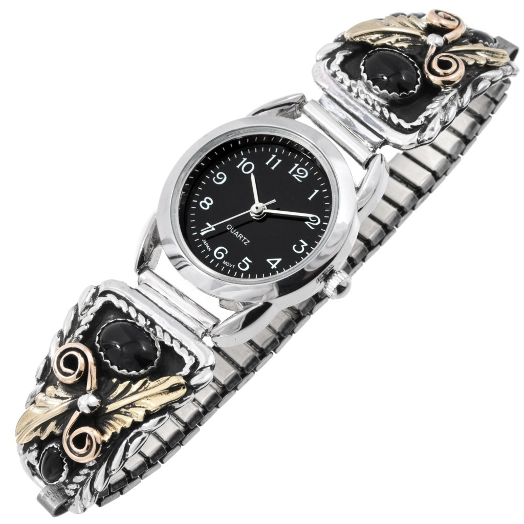 Navajo Onyx Gold Sterling Silver Watch Ladies Style Bracelet 47136