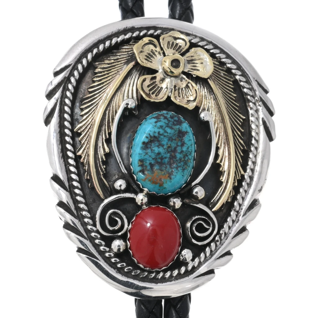 Sterling Silver Gold Navajo Turquoise Coral Bolo Tie Nature Design 47220