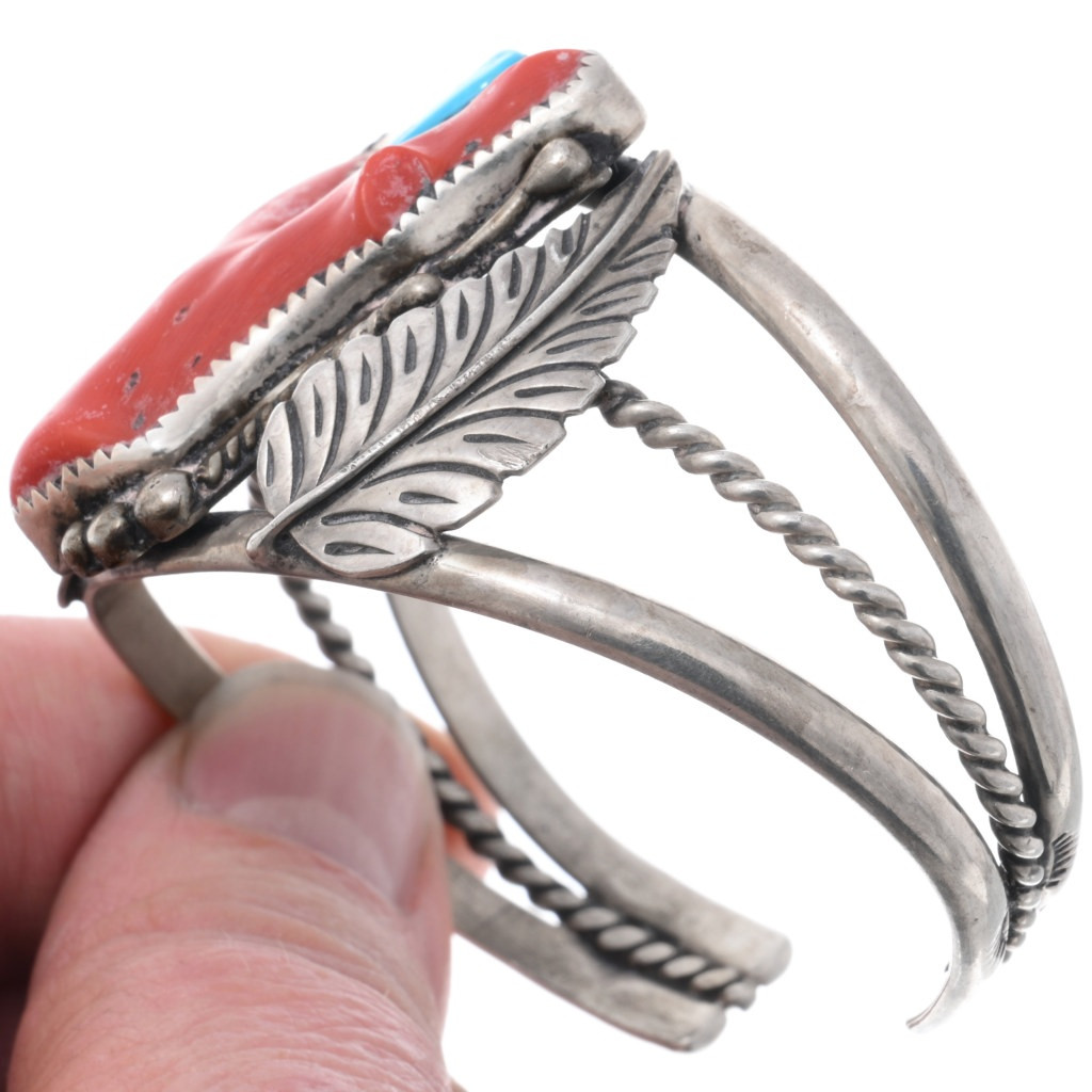 Old Pawn Branch Coral Turquoise Silver Cuff Navajo Sterling Pattern 47320